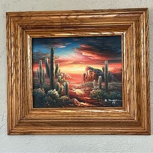 Vintage B Duggan Southwest Painting Desert Cactus Sunset Oil on Canvas Framed